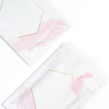 [SAMPLE] 100mm x 150mm White with Pink Feather Matt 3 Side Seal Bags