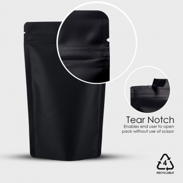 120x200mm Recyclable Black Matt With Valve Stand Up Pouch/Bag With Zip Lock (100 per pack)