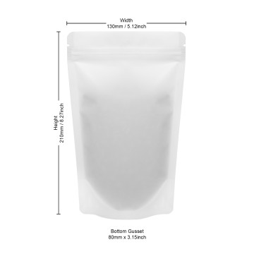 130x210mm Recyclable White Matt With Valve Stand Up Pouch/Bag With Zip Lock (100 per pack)