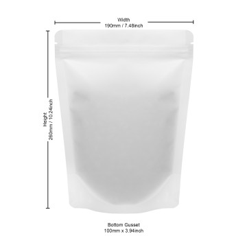 190x260mm Recyclable White Matt With Valve Stand Up Pouch/Bag With Zip Lock (100 per pack)