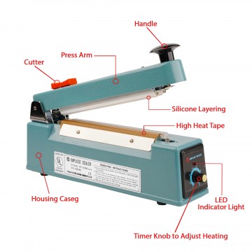 TEW 200mm Metal Body Impulse Heat Sealer With Cutter (1 per pack)