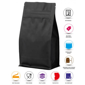 250g Black Matt Flat Bottom Stand Up Pouch/Bag with Zip Lock [FB4] (100 per pack)