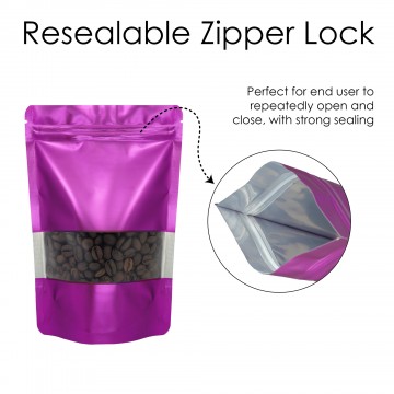 100x150mm Valve Window Purple Matt Stand Up Pouch/Bag With Zip Lock (100 per pack)